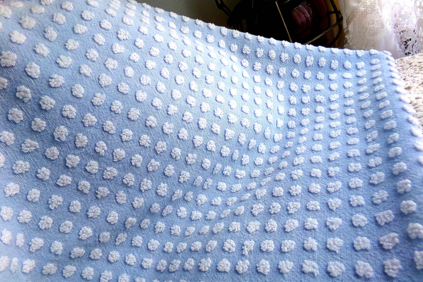 Bubble Dots Vintage Chenille Material, 24" x 18" inch Fabric Piece, Little White Pops on Sky Blue, Beachy Coastal Vibes