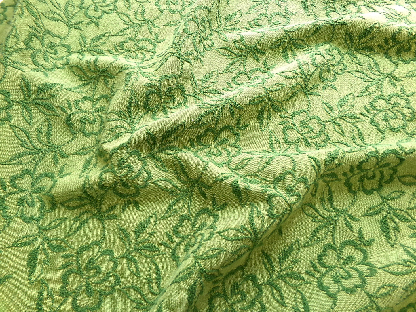 grecian green rose vintage woven fabric, gothic floral design w/ scallop fringe trim edge, 19" x 24" cut piece great for small bags