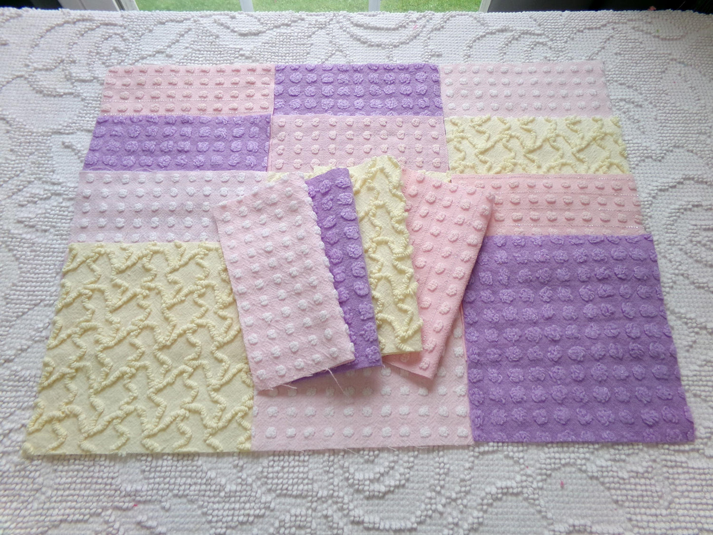 fairy magic 6" chenille fabric squares, set of 16 pink, yellow & lavender quilt blocks for quilting, sewing, crafts