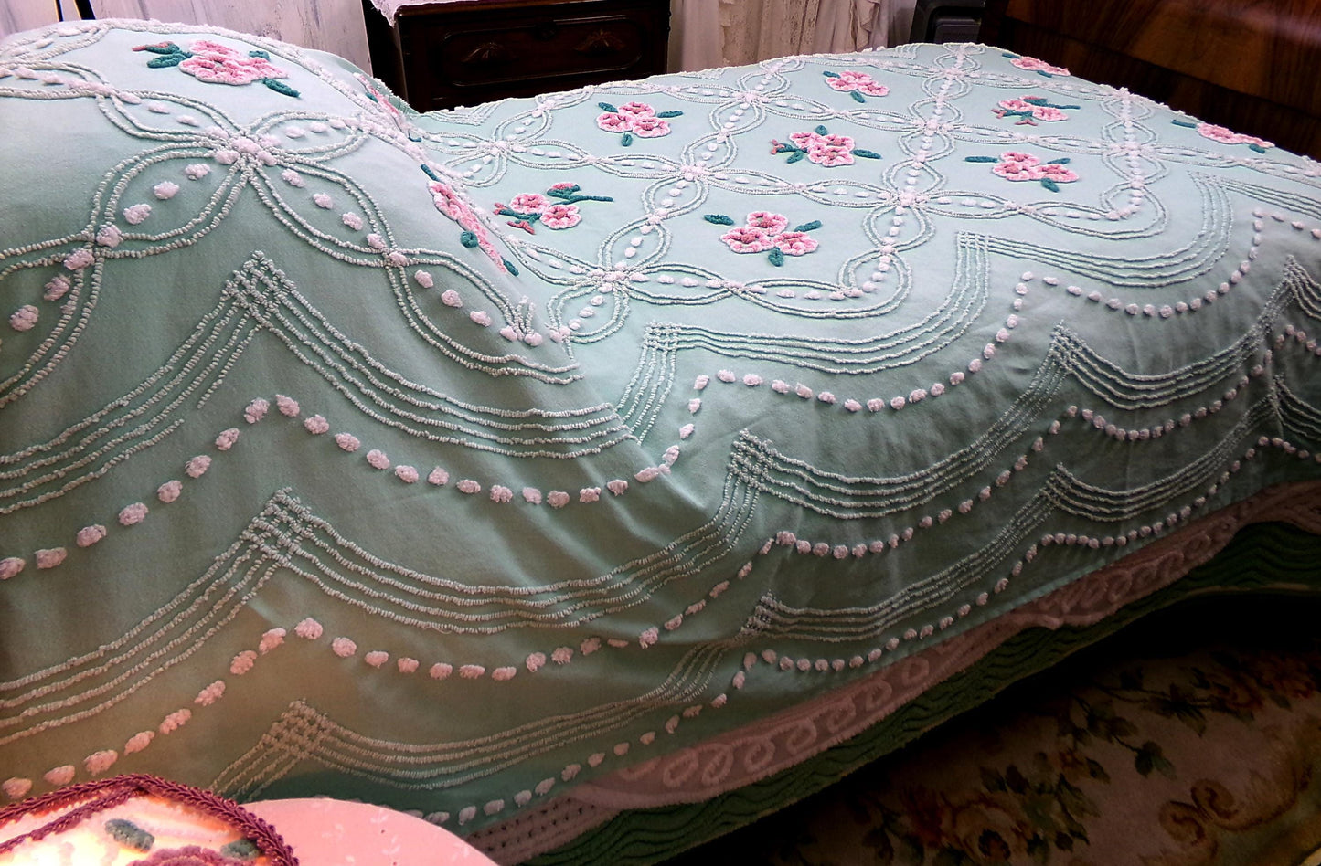 jade green pink rose vintage chenille bedspread, beautiful twin size shabby chic style bedding, great as a summer cottage coverlet