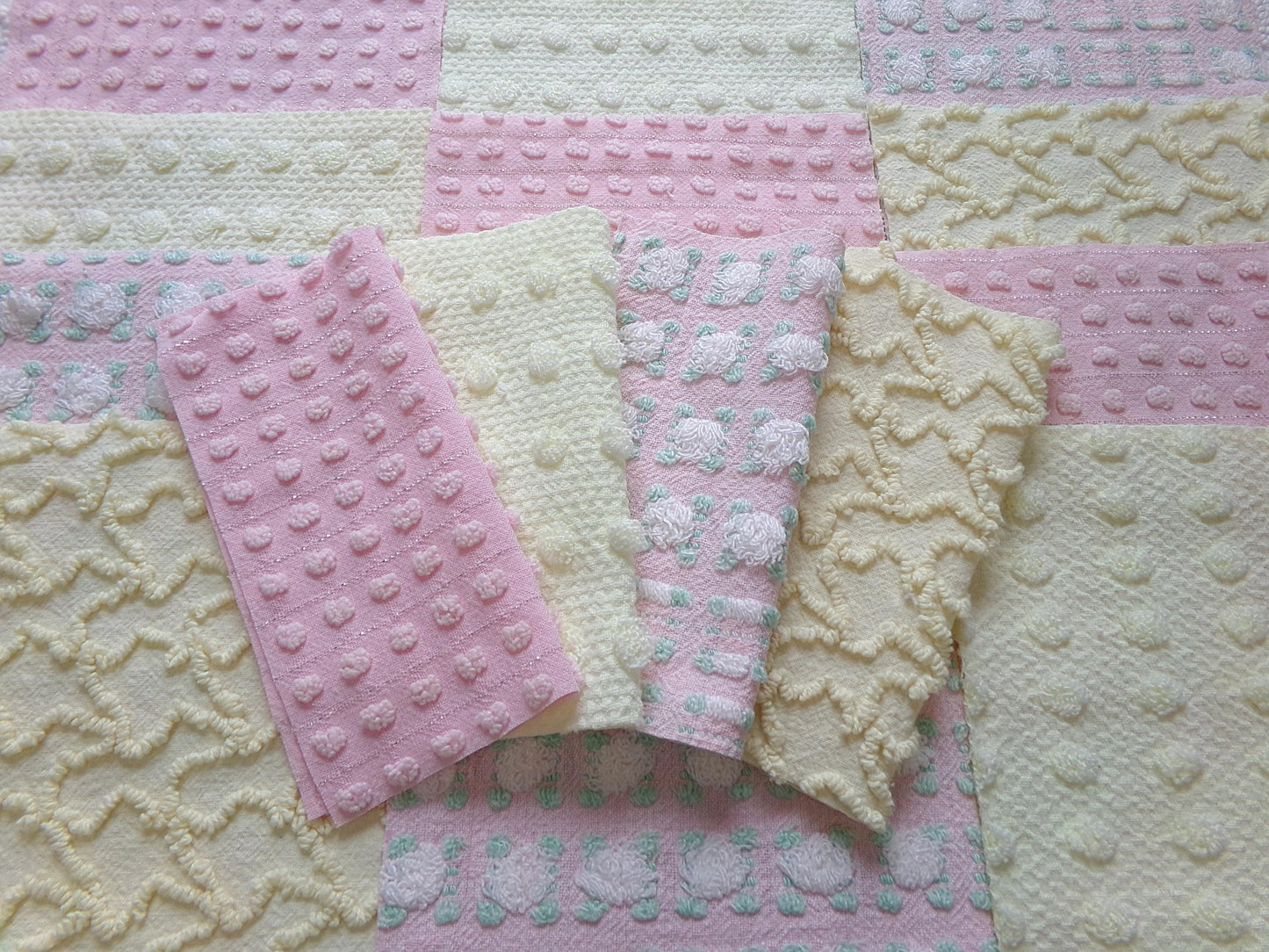 cheerful spring chenille fabric squares, set of 16 vintage pink & yellow quilt blocks 6" ea, rosebud, squiggles for crafts, quilting