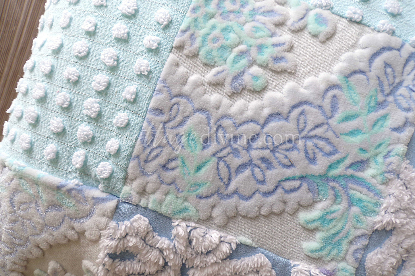 Coastal Chic Velvet & Chenille Pillow Cover 16" x 16" inch Square, REVERSIBLE Patchwork Accent Pillow from Vintage Chenille Bedspread Fabric