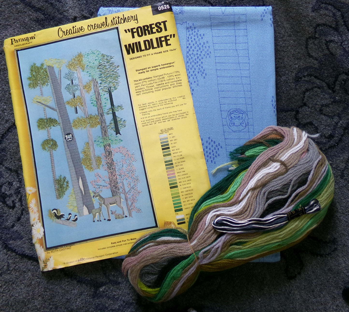 FOREST WILDLIFE Vintage Crewel Embroidery Kit 70s Hippie Wall Hanging, Paragon Needlecraft Stitchery, Kit# 0525, Design by Ruth Castino