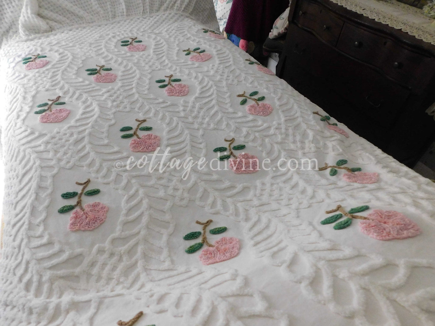 Heirloom Rose Vintage Chenille Bedspread, Full Size, JELDI AUSTRALIA, Cotton, Ruffled Skirt