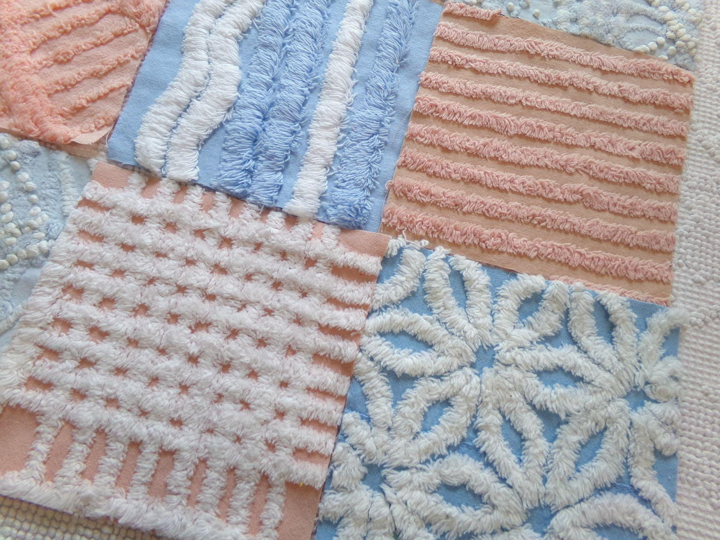 chenille 6" fabric squares, blue, peach & white plush quilt blocks, rotary cut from vintage chenille bedspreads, set of 16