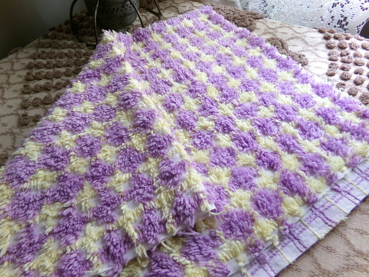 Happy Yellow & Purple Plaid Vintage Chenille Quilt Fabric, 25" x 21" inch Piece, 100% Soft Cotton Blend