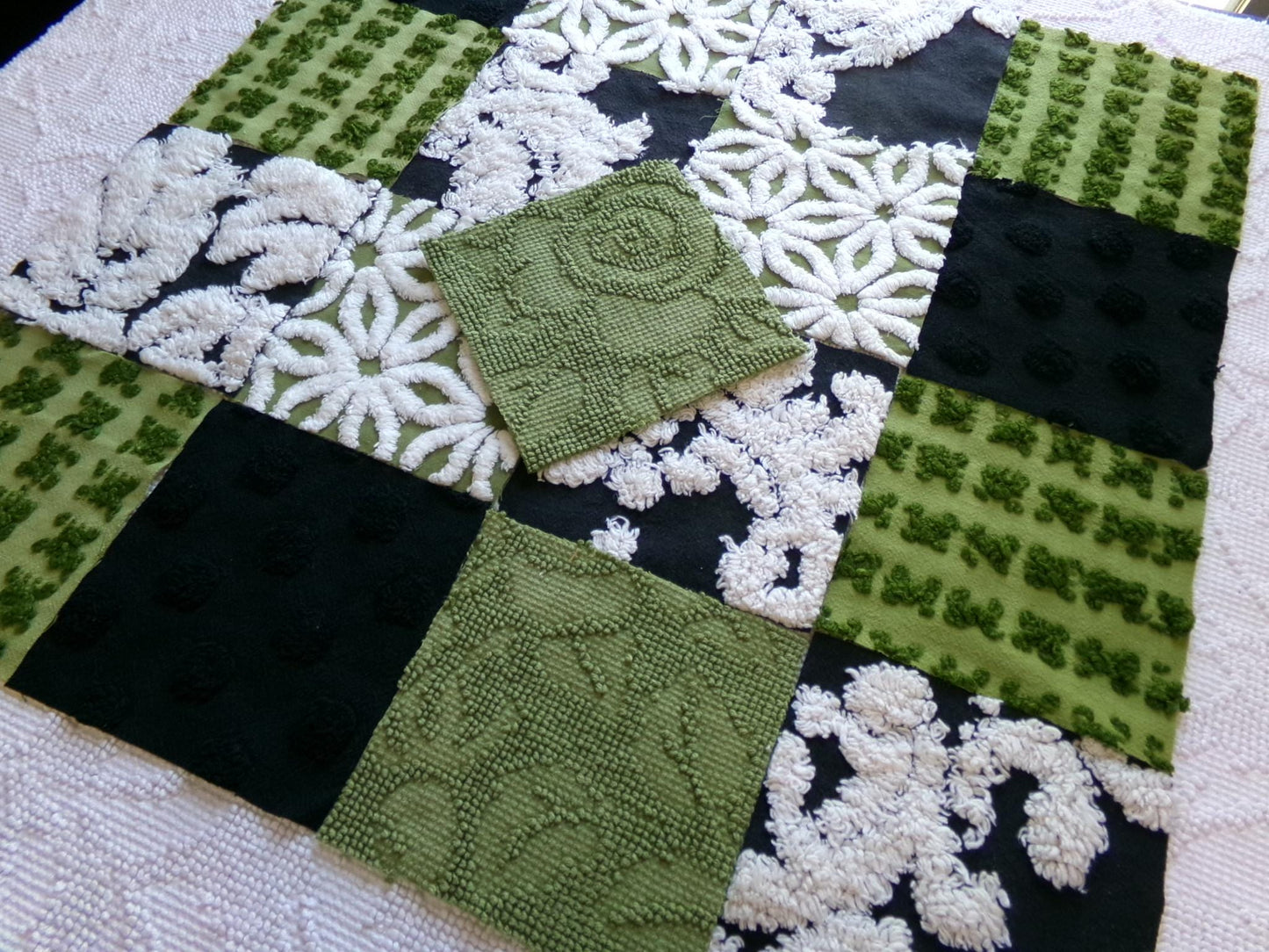 goblin green & black chenille fabric squares, set of 17 vintage boho quilt blocks for hippie style pillows, fiber arts