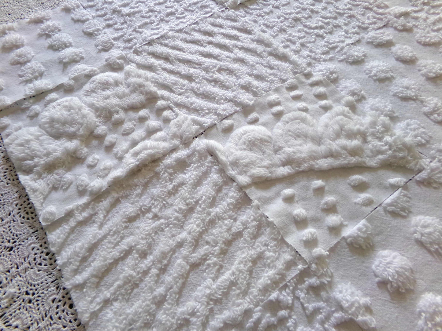 snow day white chenille fabric squares, 16 vintage 6" x 6" quilt blocks, pops, squiggles, diamond lattice & swirls