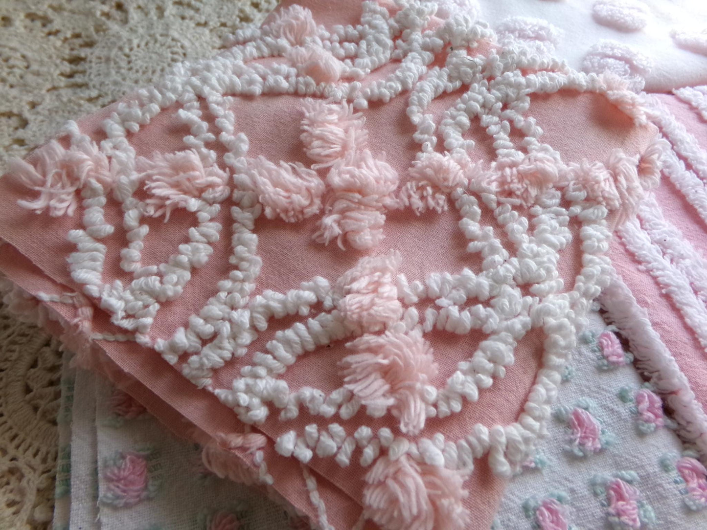 tickle me pink chenille fabric squares, set of 4 vintage large quilt blocks 12" inches ea, rosebud, pops, stripes, infinity tuft