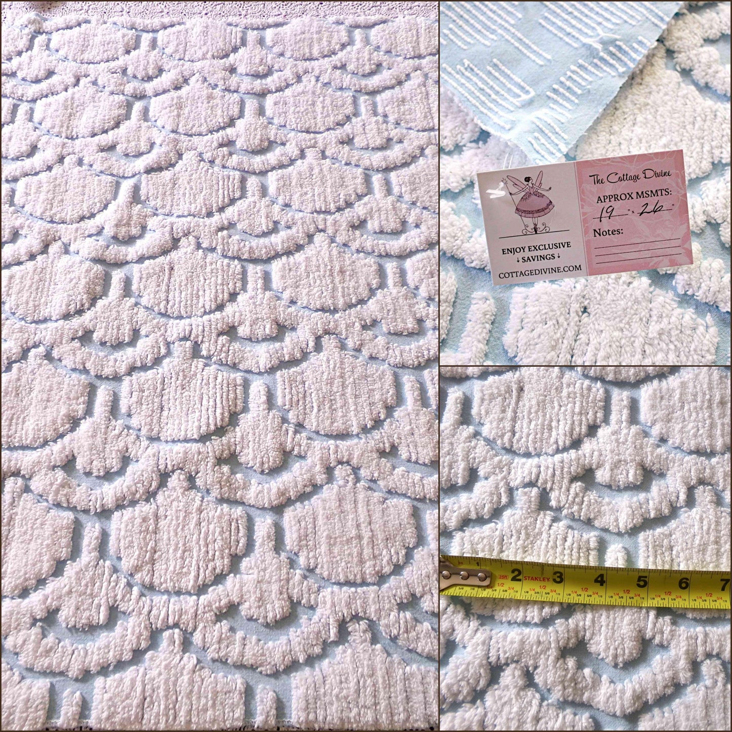 Celestial Sculpted 3D Cloud Blue Vintage Chenille Fabric, 26" x 19" inch piece