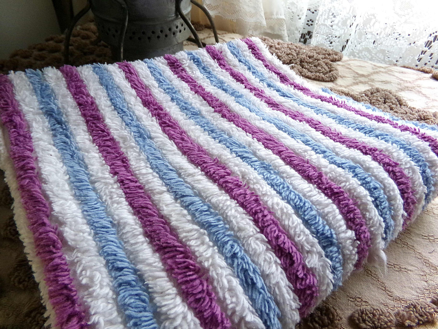 Blue Raspberry Striped Vintage Chenille Fabric, 18" x 24" Piece, Soft Plush Stripes