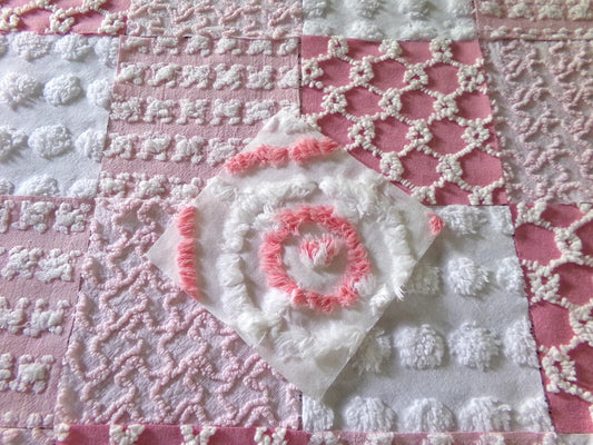 Must Luv Pink Quilt Squares Set from Vintage Chenille Bedspread Fabric, 17 Blocks, 6" x 6" inch