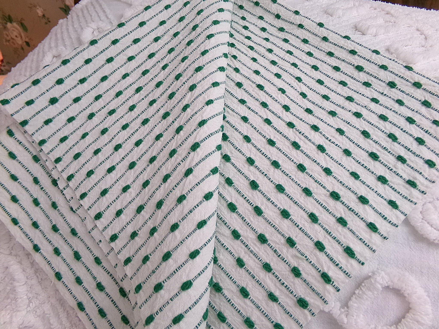 preppy kelly green textured fabric piece, vintage chenille raindrop dots on white woven cotton, great in quilts, xmas stockings, 20" x 25"