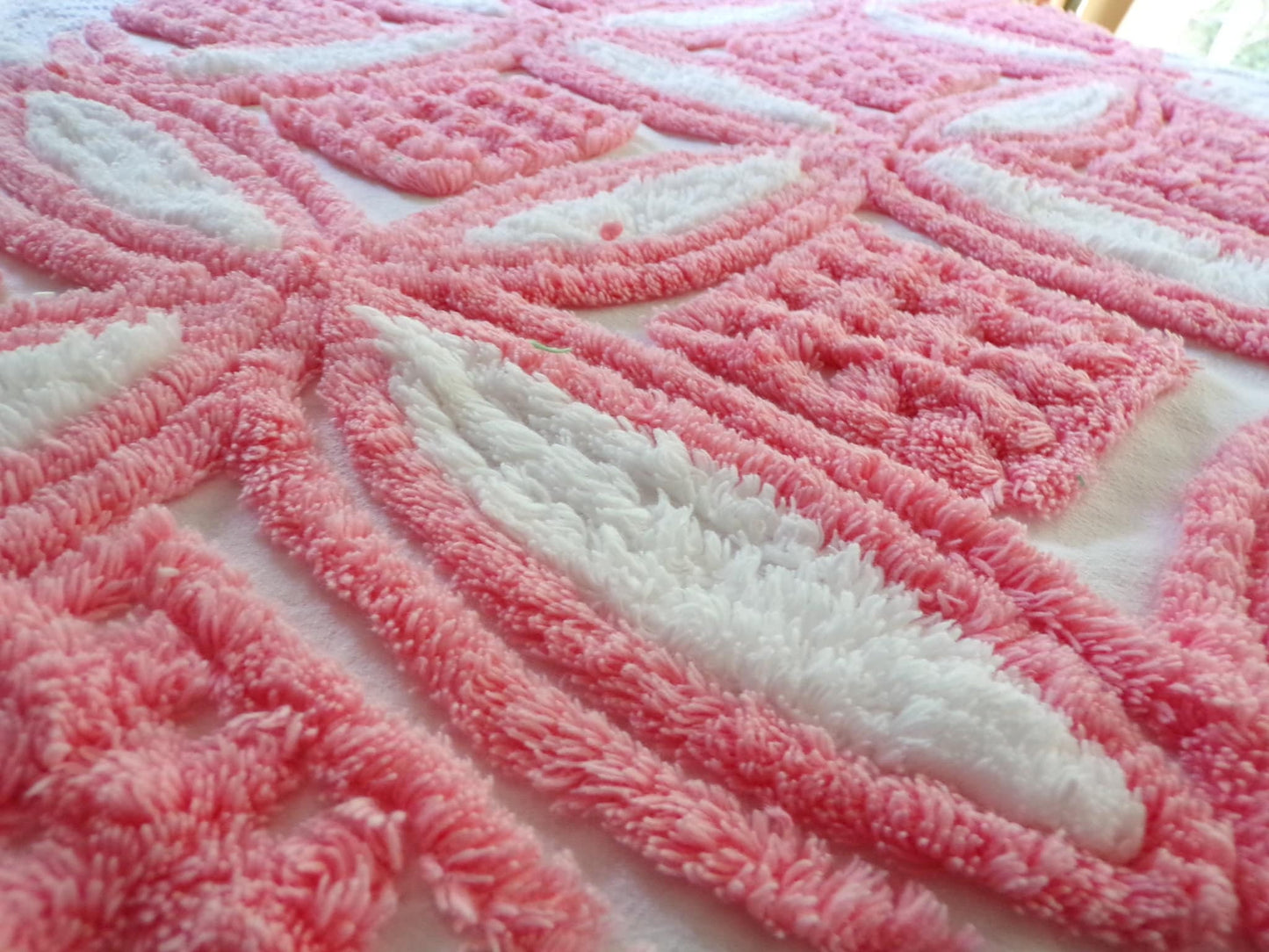 Super Plush Pink & White Chenille Fabric, 18" x 24"-inch Piece, Geometric Print, Vintage 100% Cotton