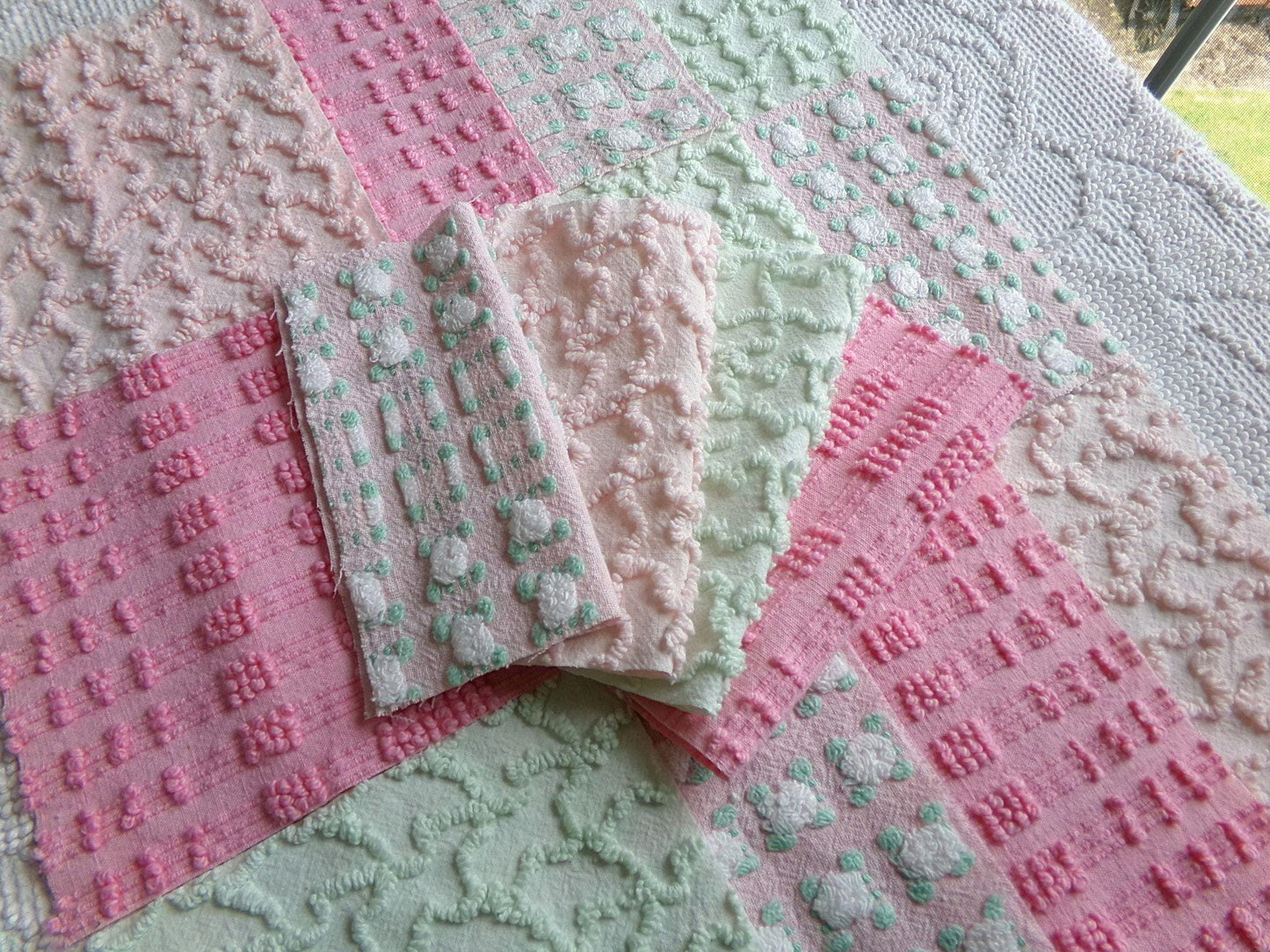 phantom rose 6" chenille squares, green, pink, white rosebud, set of 16 quilt blocks rotary cut from vintage chenille bedspread fabrics