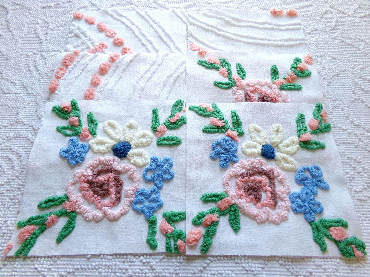 vintage 7.5" chenille fabric squares, set of 6 cottage style quilt blocks, peach, white rose floral & geometric for sewing, crafts, quilting