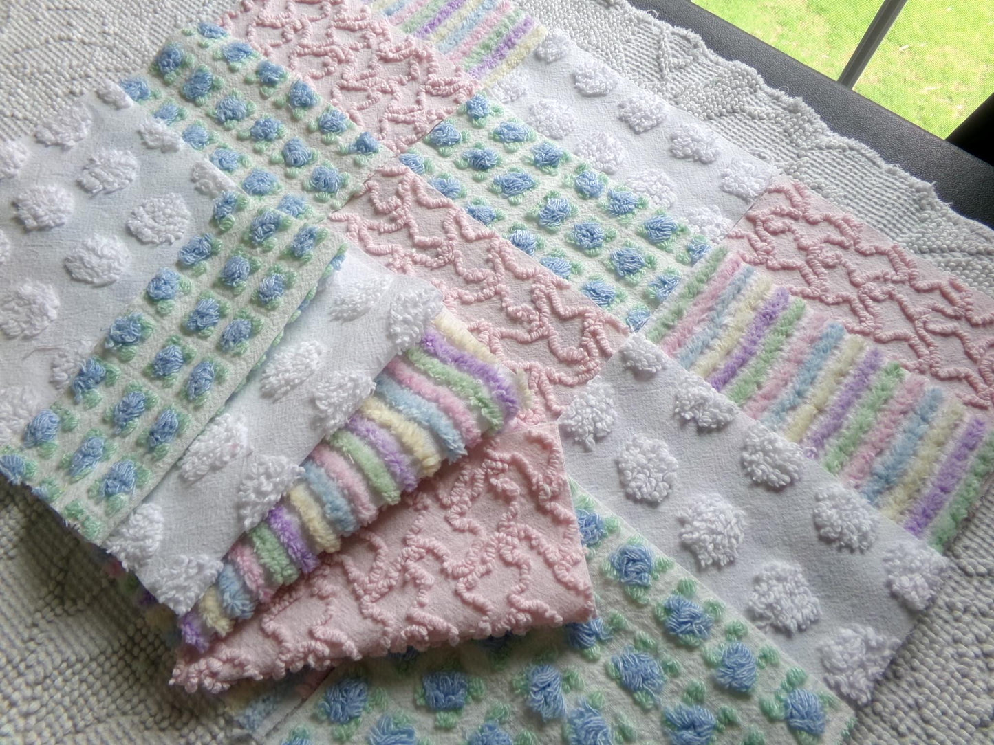 fairy fantasy chenille fabric squares, 16 vintage 6" quilt blocks in pastel rainbow, pink & blue rosebud, for sewing, crafts, fiber arts