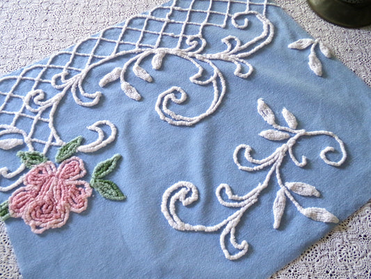 Romantic Pink Rose Vintage Chenille Fabric, 18" x 22" inch Piece, Blue Cotton Bkgd, Pretty for Pillow Covers or Quilting