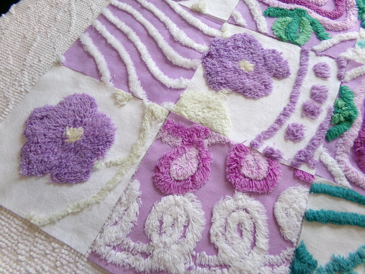 vintage chenille fabric squares: set of 16 lavender & lilacs, teal white cotton 6" quilt blocks