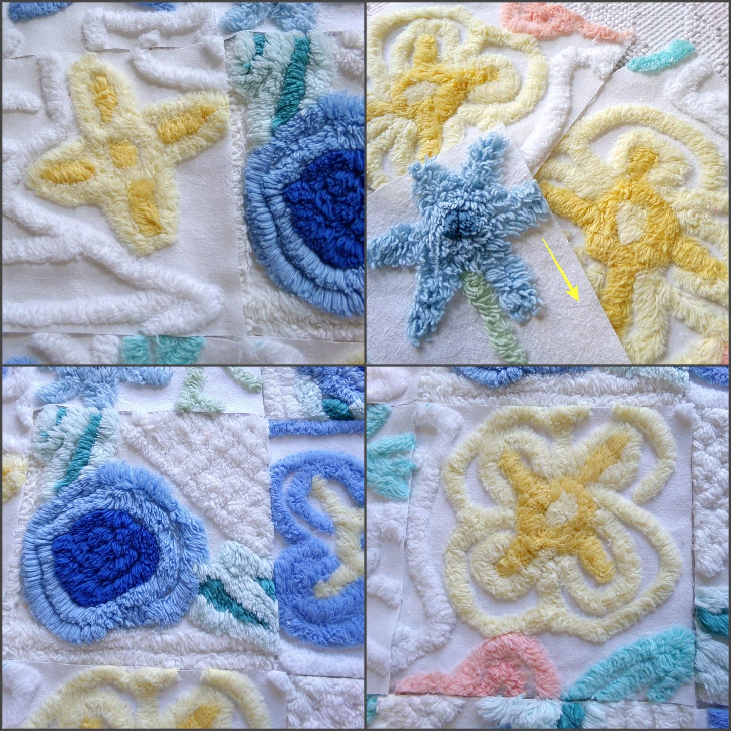 vintage 6" chenille fabric squares, set of 16 quilt blocks, blooming blue flowers