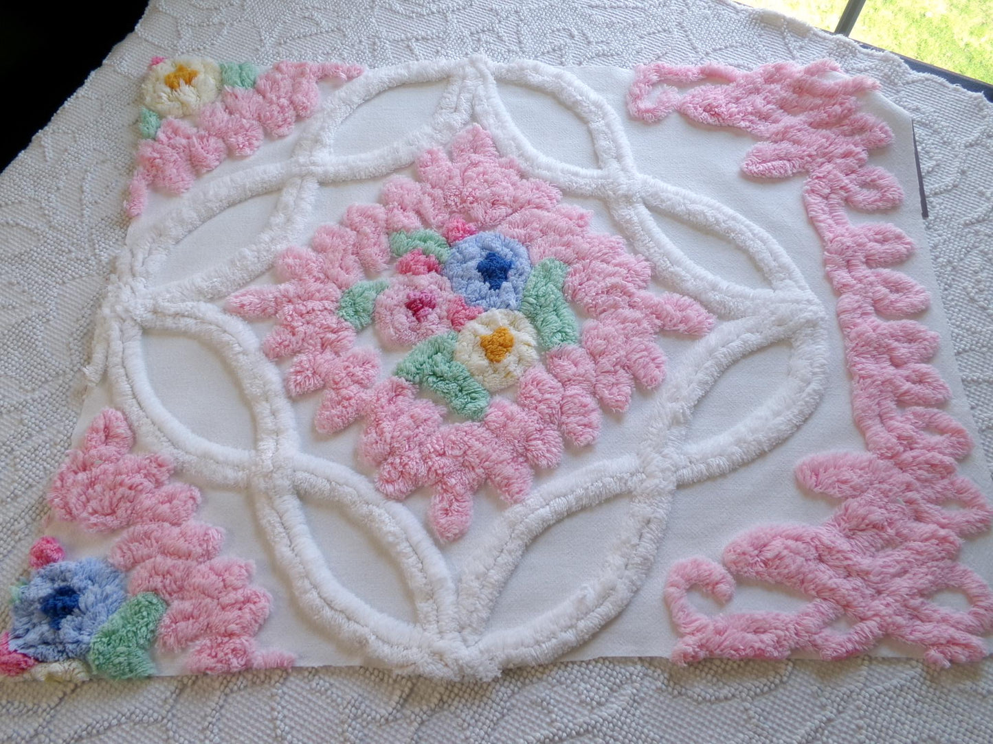 heavenly cottage chic vintage chenille fabric, heavy tufted frosted wedding cake floral 17" x 23" inch piece of pink & white sewing material