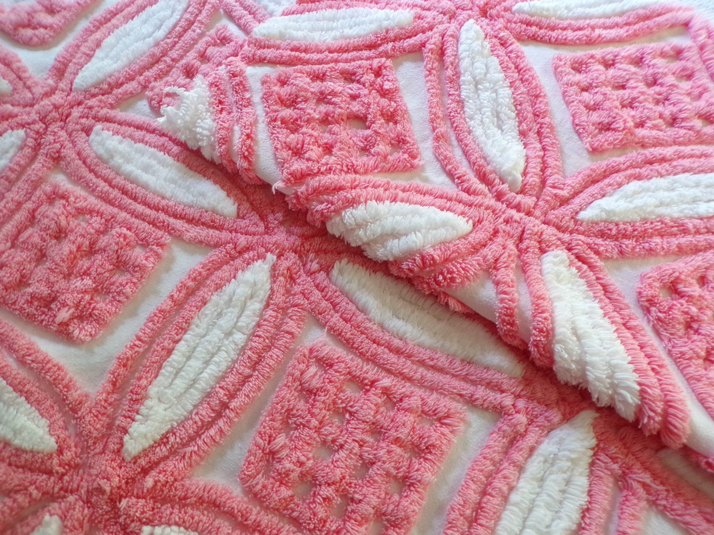 Super Plush Pink & White Chenille Fabric, 18" x 24"-inch Piece, Geometric Print, Vintage 100% Cotton