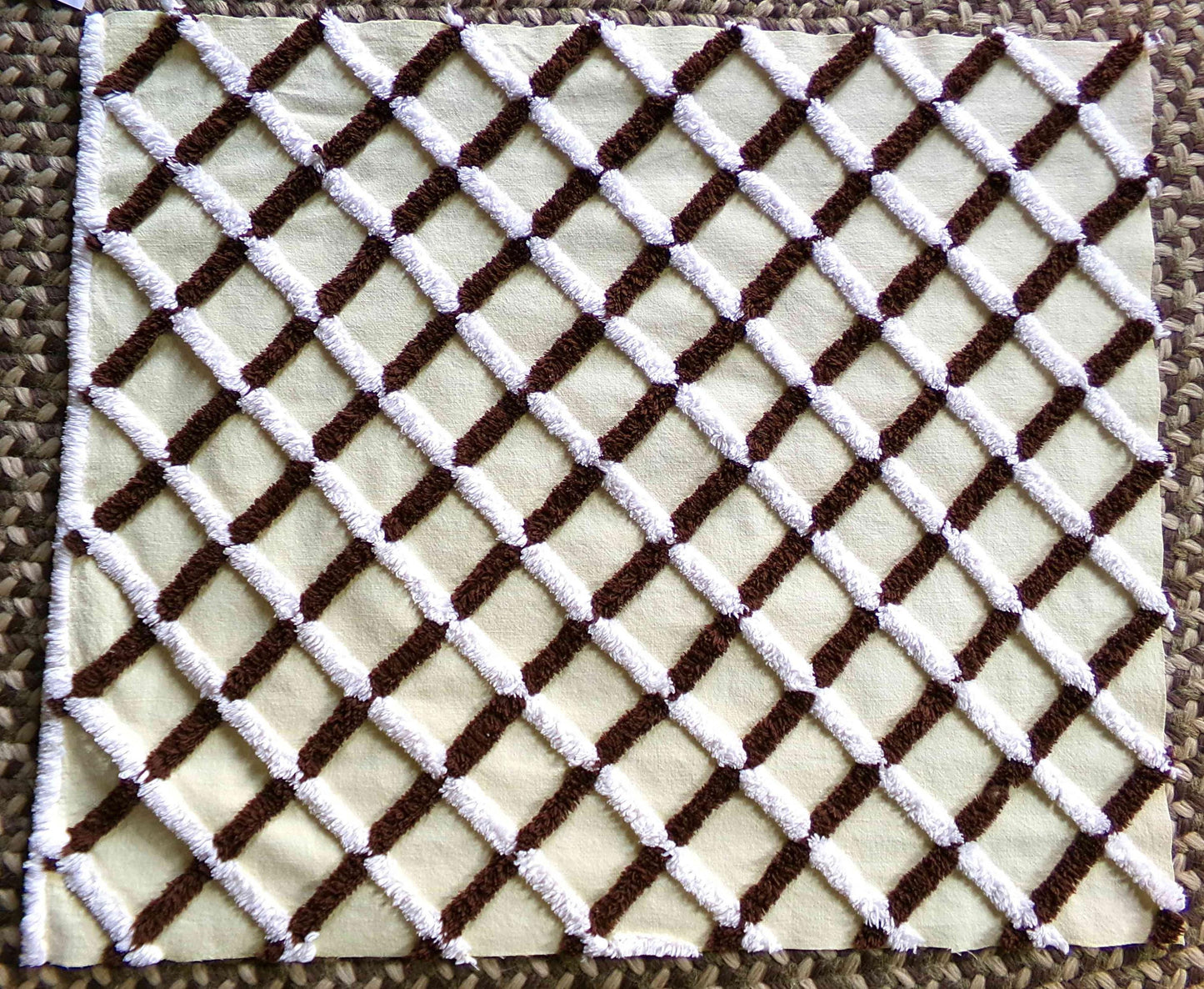 Buttery Yellow Chenille Crosshatch Fabric, Wide Tufted Chocolate Brown & White Lines, 20" x 25" inch Vintage MCM Cotton Material