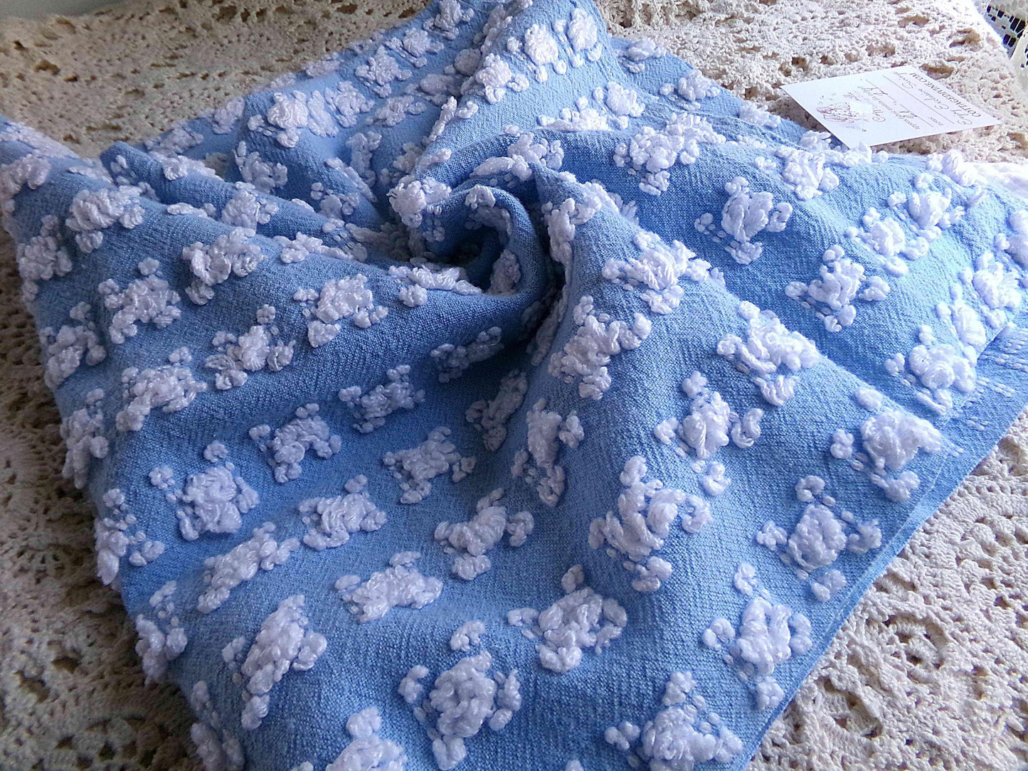 Deeply Serene Blue & White Rosebud Vintage Chenille Fabric, Heirloom Quality Material for Quilts, Pillows, 24" x 20" inch Piece