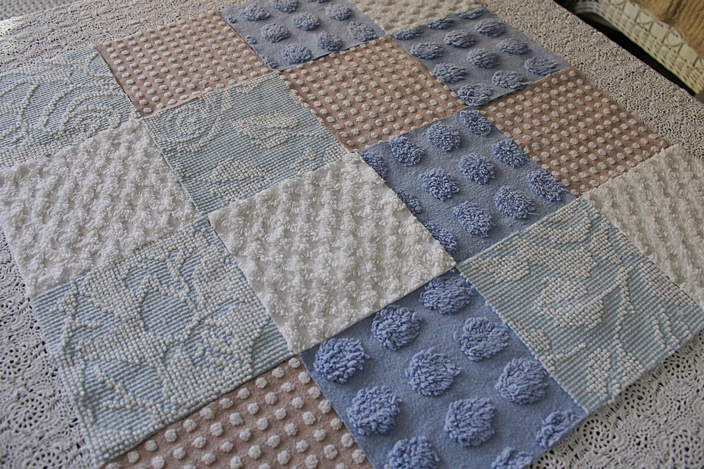 Serene Shores Vintage Chenille Fabric Squares, Blue, White & Sand Craft Square Set, 16 Blocks, 6" x 6" inch, Modern Chic