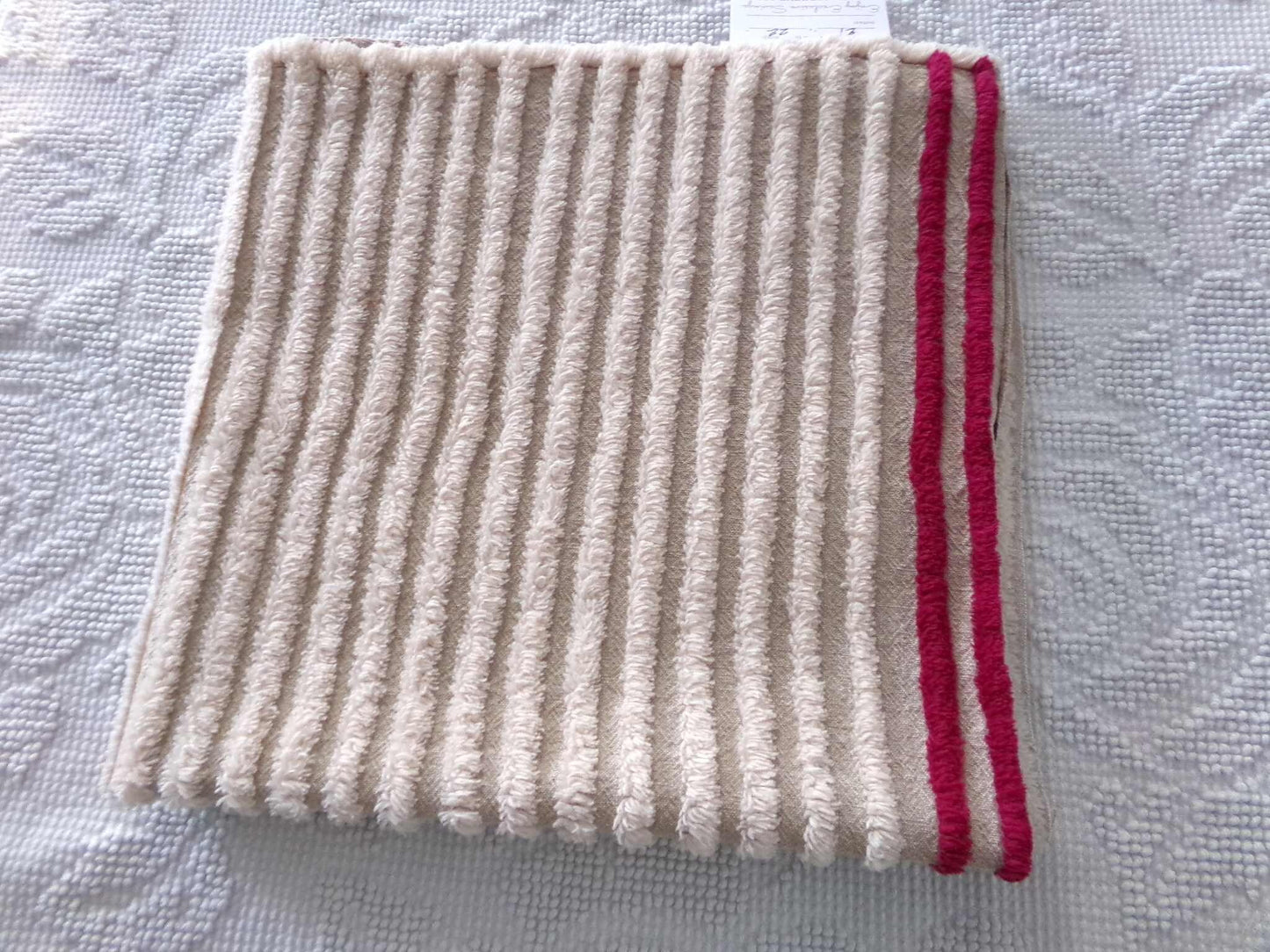 Aged Grey Striped Vintage Chenille Fabric Piece, Maroon Accent Stripes, 21" x 22" inches