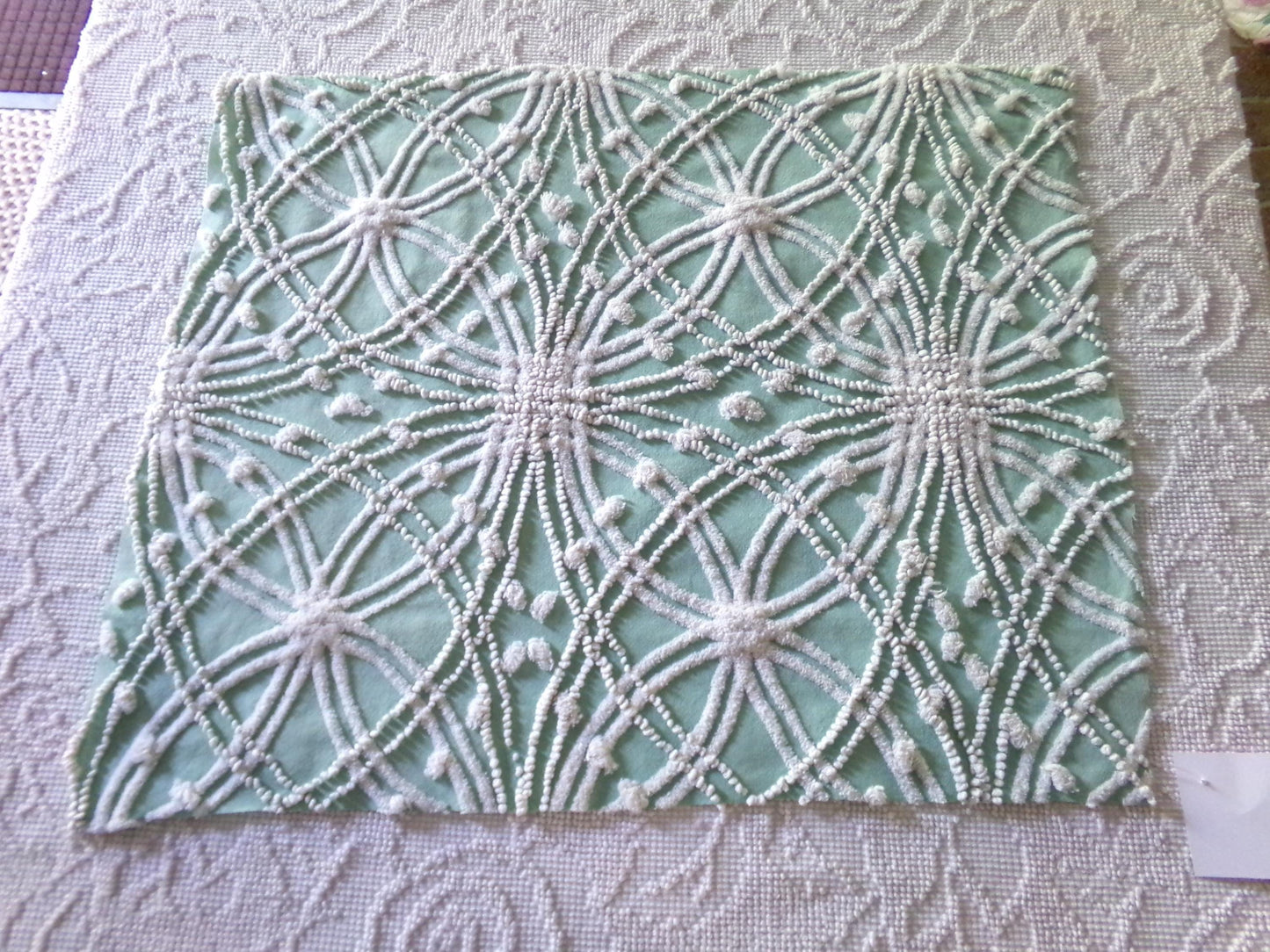 Striking Creamy Jade Green Vintage Chenille Bedspread Fabric, 19" x 23" inch Piece, White Spider Tuft Texturized Design