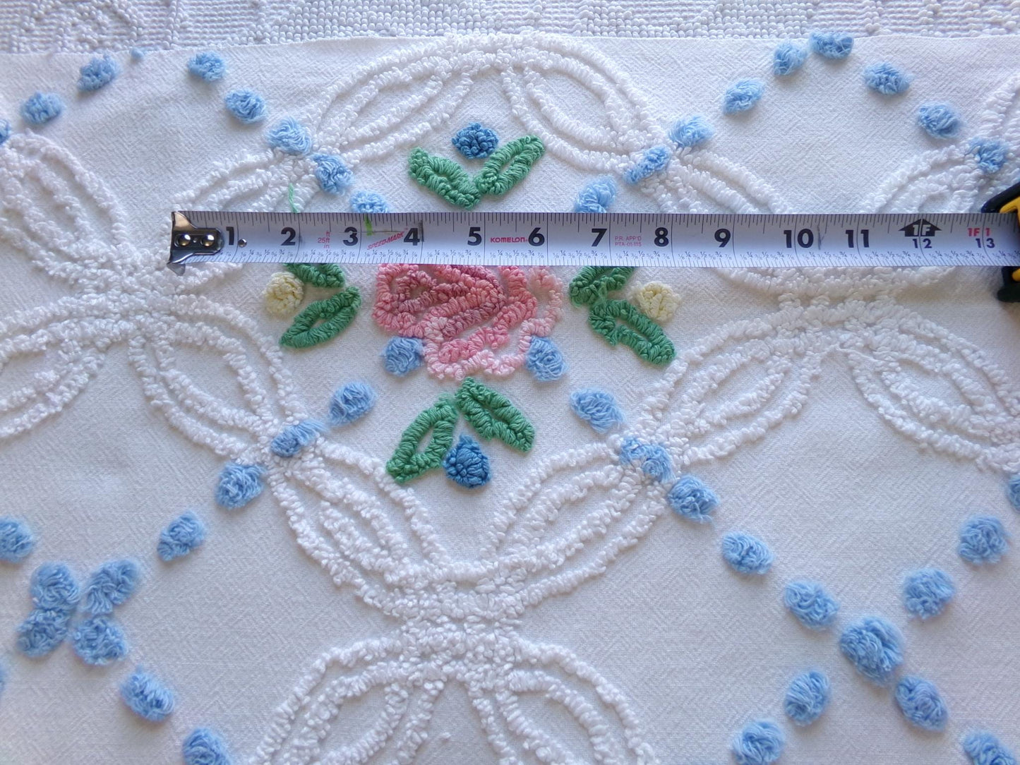 favorite cottage style vintage chenille fabric, pink roses & blue dots, 20" x 27" piece of white sewing material for quilting and crafts