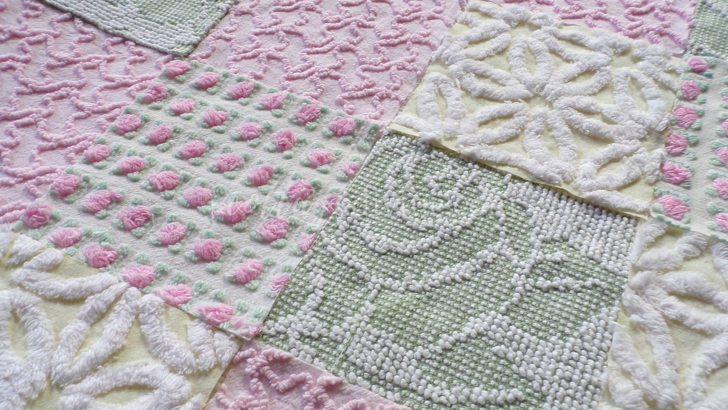 Fresh Flowers Chenille Quilt Squares Set from Vintage Bedspread Fabric, 17 Blocks, 6" x 6" inch