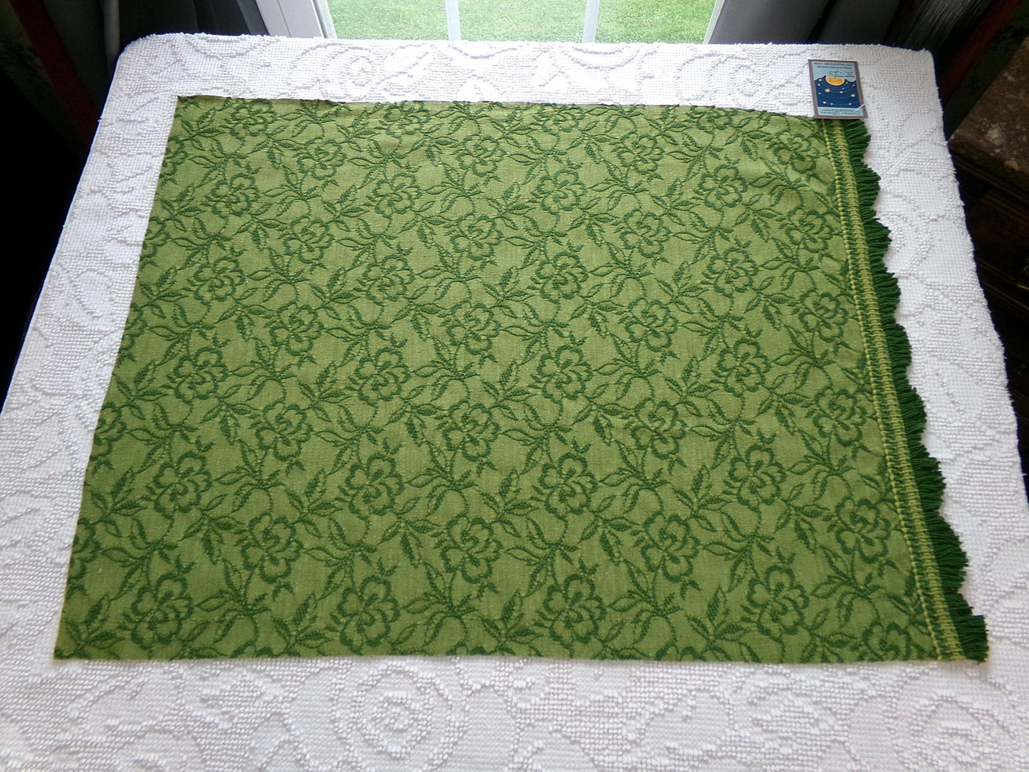 grecian green rose vintage woven fabric, gothic floral design w/ scallop fringe trim edge, 19" x 24" cut piece great for small bags