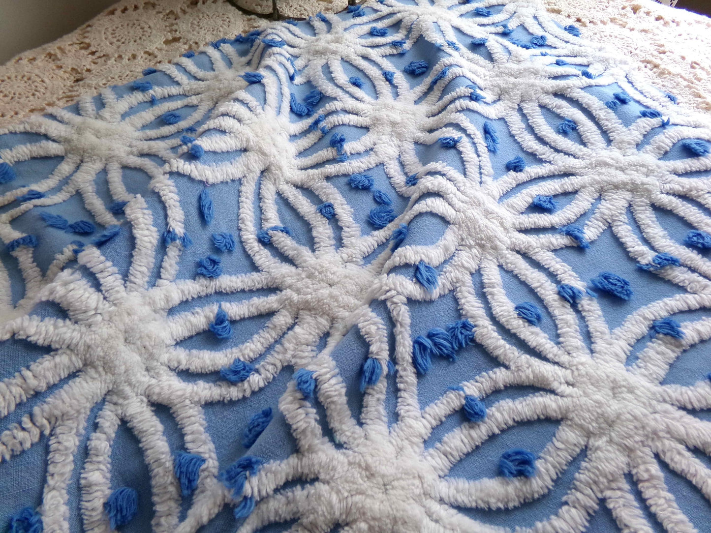 coastal chic blue vintage chenille fabric, white tufted spider rings & little pops, 24" x 18" inch piece