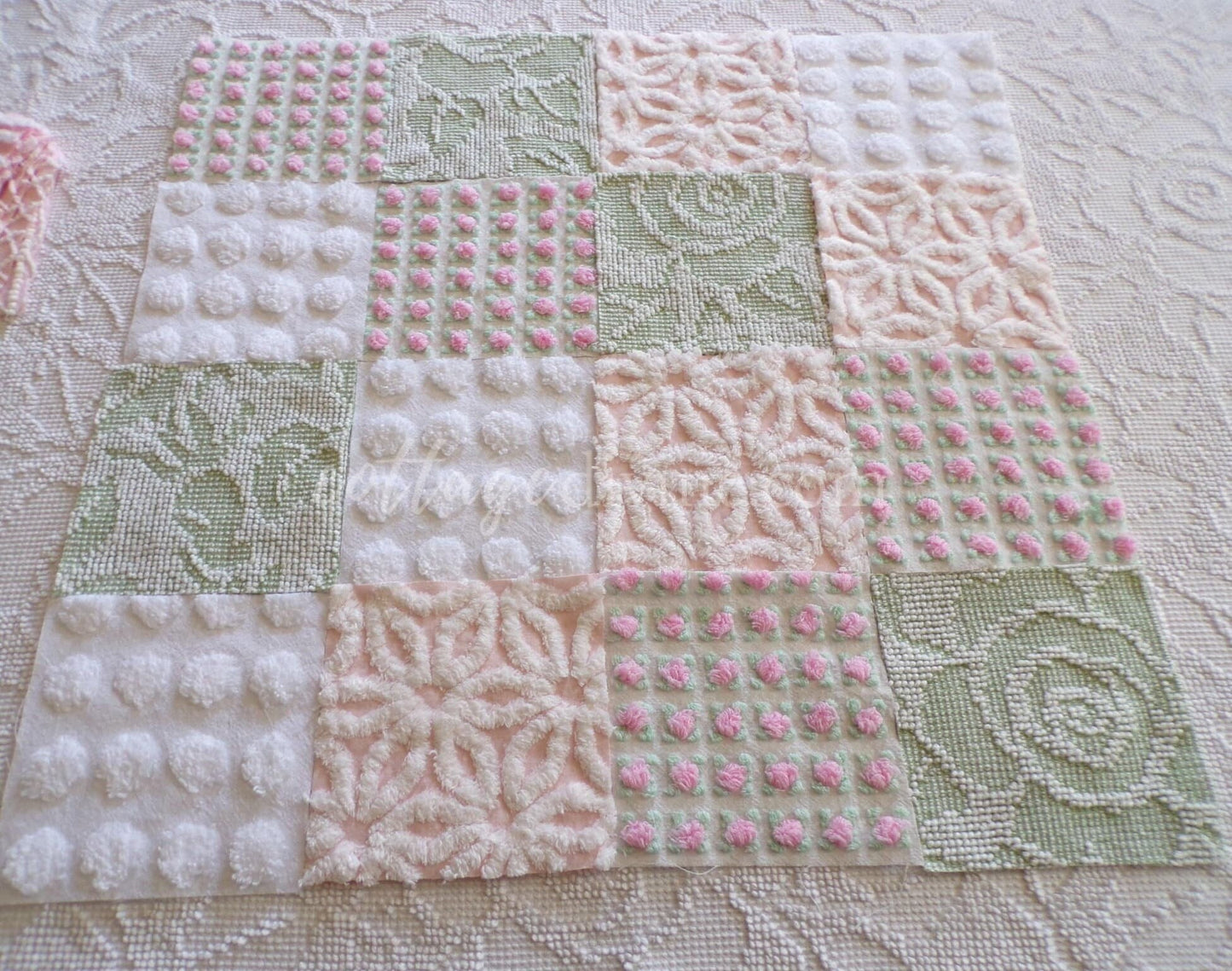 Spring Blossoms Vintage Quilt Squares Kit from Chenille Bedspread Fabrics, 6" Blocks, Qty 16