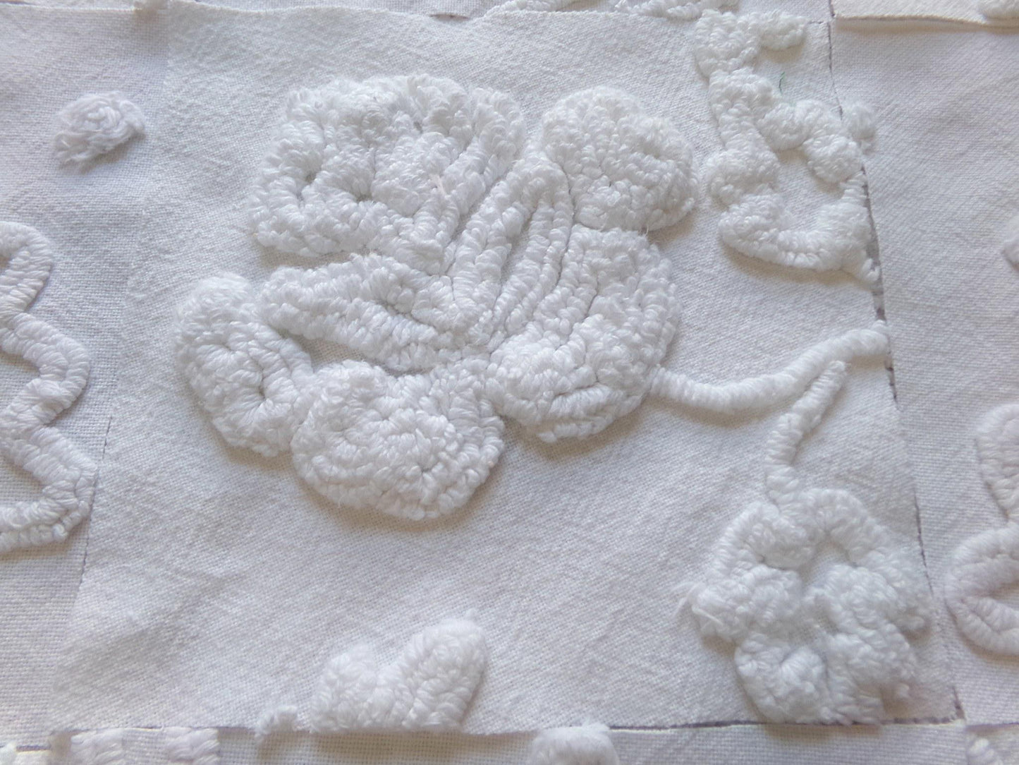 Vintage Chenille Fabric Squares in Winter Garden White Florals from Vintage Bedspread Fabric, Set of 16 Quilt Blocks, 6" x 6" inch