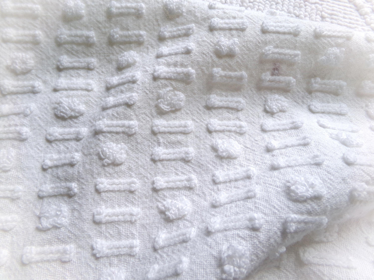 vintage white chenille fabric: dainty dot dash design, 18" x 24" piece