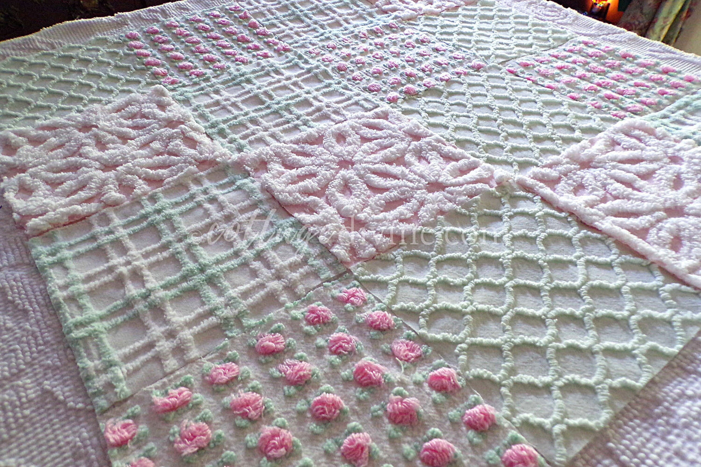 Picnic Time Chenille Quilt Squares Set from Vintage Bedspread Fabric, 16 Blocks, 6" x 6" inches each, Pretty Green, White, Pink Rosebud