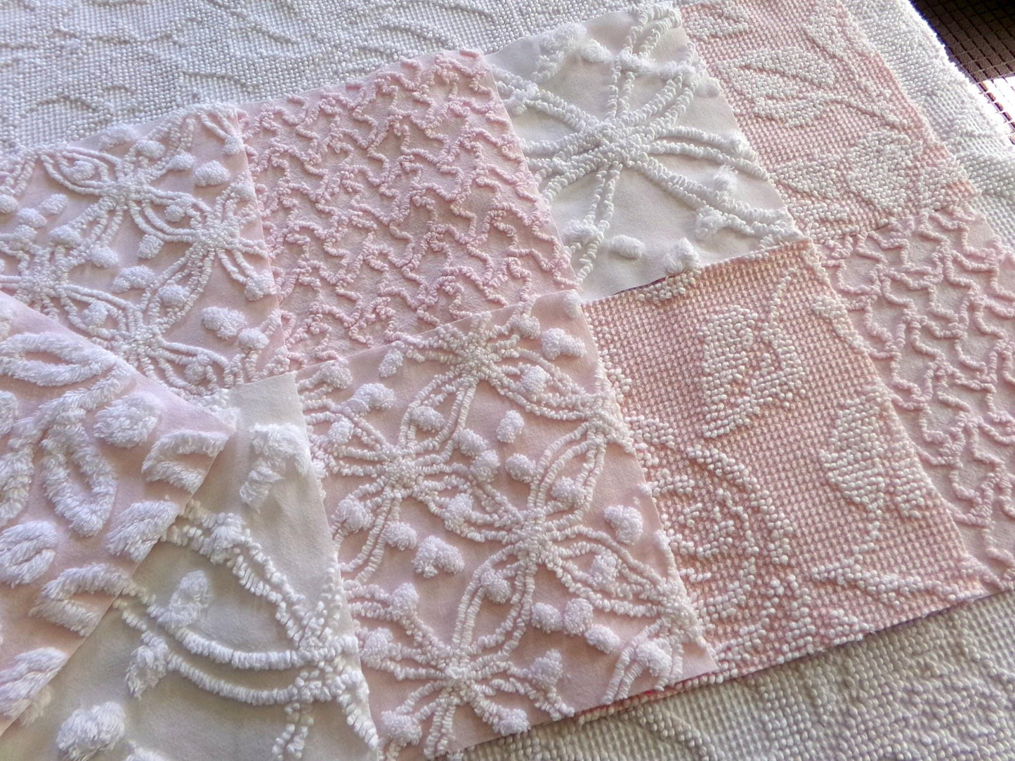 vintage chenille fabric squares in classic feminine pink & white textures, 7.5" vintage fabric blocks, set of 9 for sewing, crafts, quilts