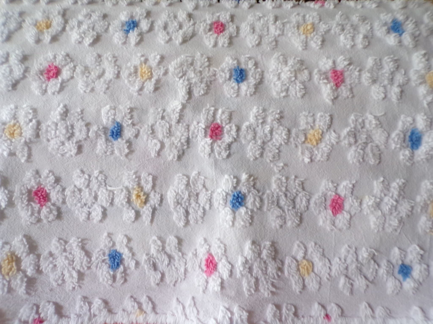 Adorable Rainbow Daisy Vintage Style Chenille Fabric, White Floral 20" x 22" inch Piece, So Cute in Quilts & Sewing Projects