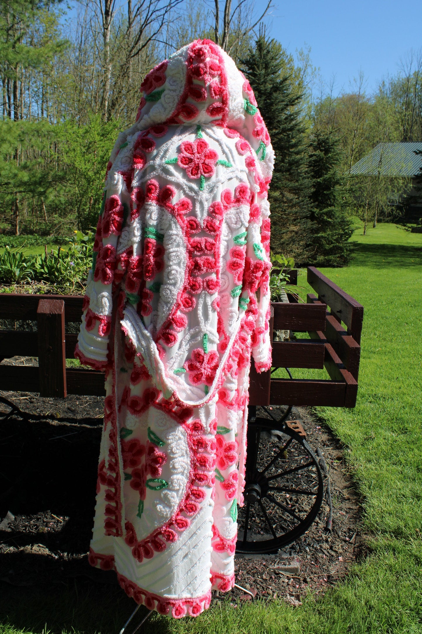 Hooded Chenille Robe in Pink Hearts & Flowers, Cozy Cute Medium / Large Hooded Vintage Style Women's Bathrobe