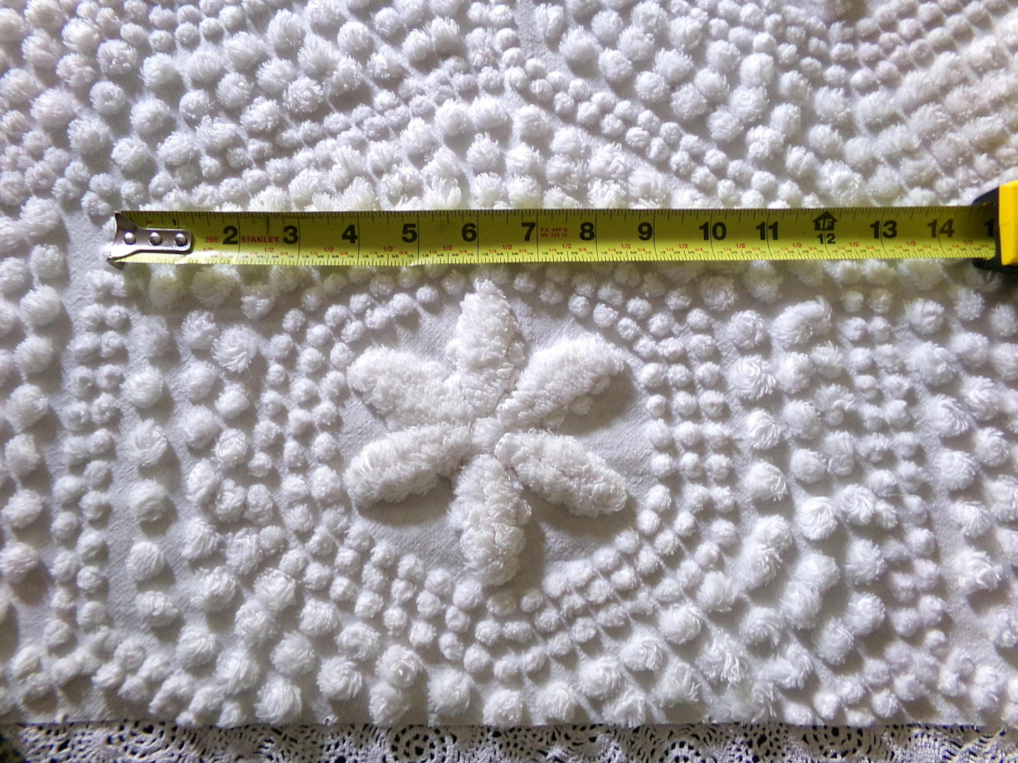 star mist white vintage chenille fabric, coastal 3D radiating starry pop motifs, 21" x 26" cut piece with fringe for pillows handmade quilts
