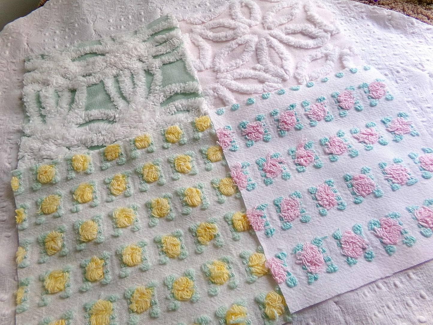 spring medley vintage chenille fabric squares, set of 16 pretty 6" quilt blocks, yellow & pink rosebud, daisy flower, white, mint green