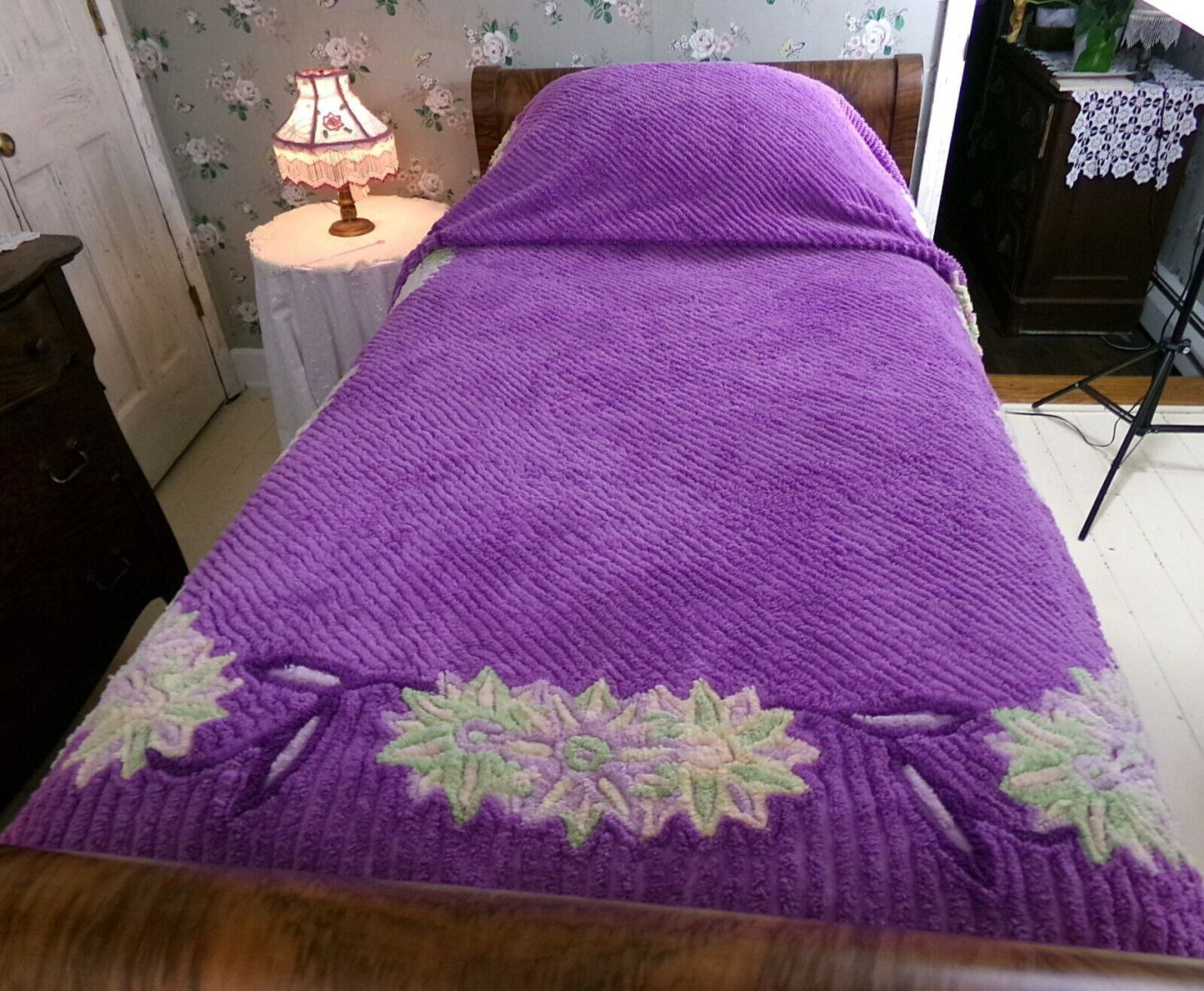 Plush Purple Passion Vintage Chenille Bedspread, Green Lily Floral Full Size Bedding