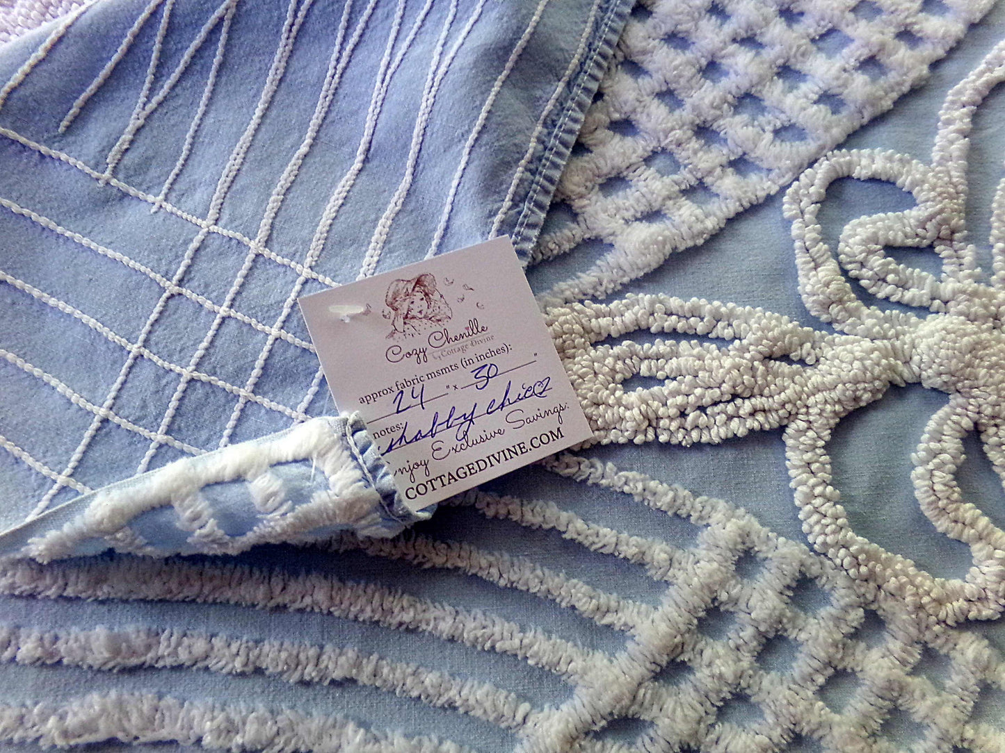 Shabby Chic Vintage Fabric, Porcelain White Rose Floral Chenille on Cloud Blue Cotton, 24" x 30" inch Piece, So Pretty in Pillows & Quilts