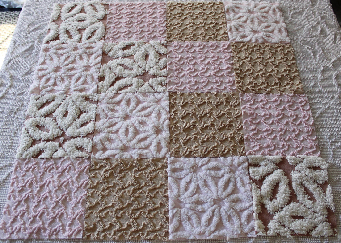 modern mocha pinks chenille fabric squares, set of 16 vintage quilt blocks 6" inches ea, daisy & squiggle texture