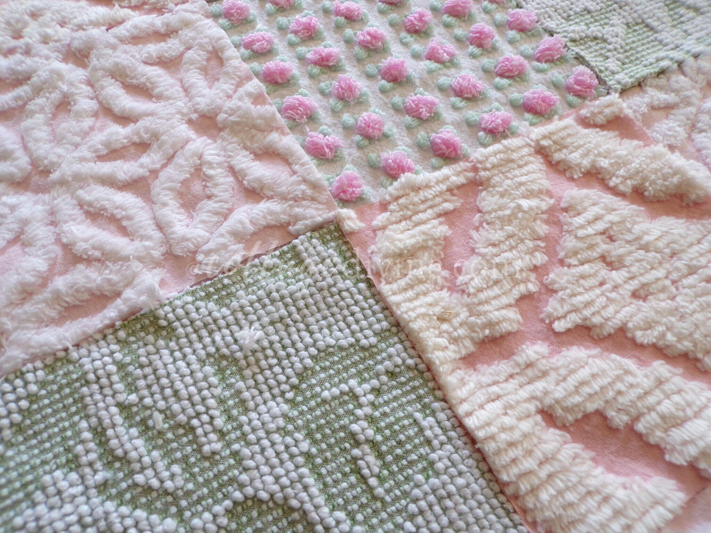 pink & green chenille fabric squares, set of 16 vintage quilt blocks 6" each, popular spring daisy, rosebud and hobnail patterns