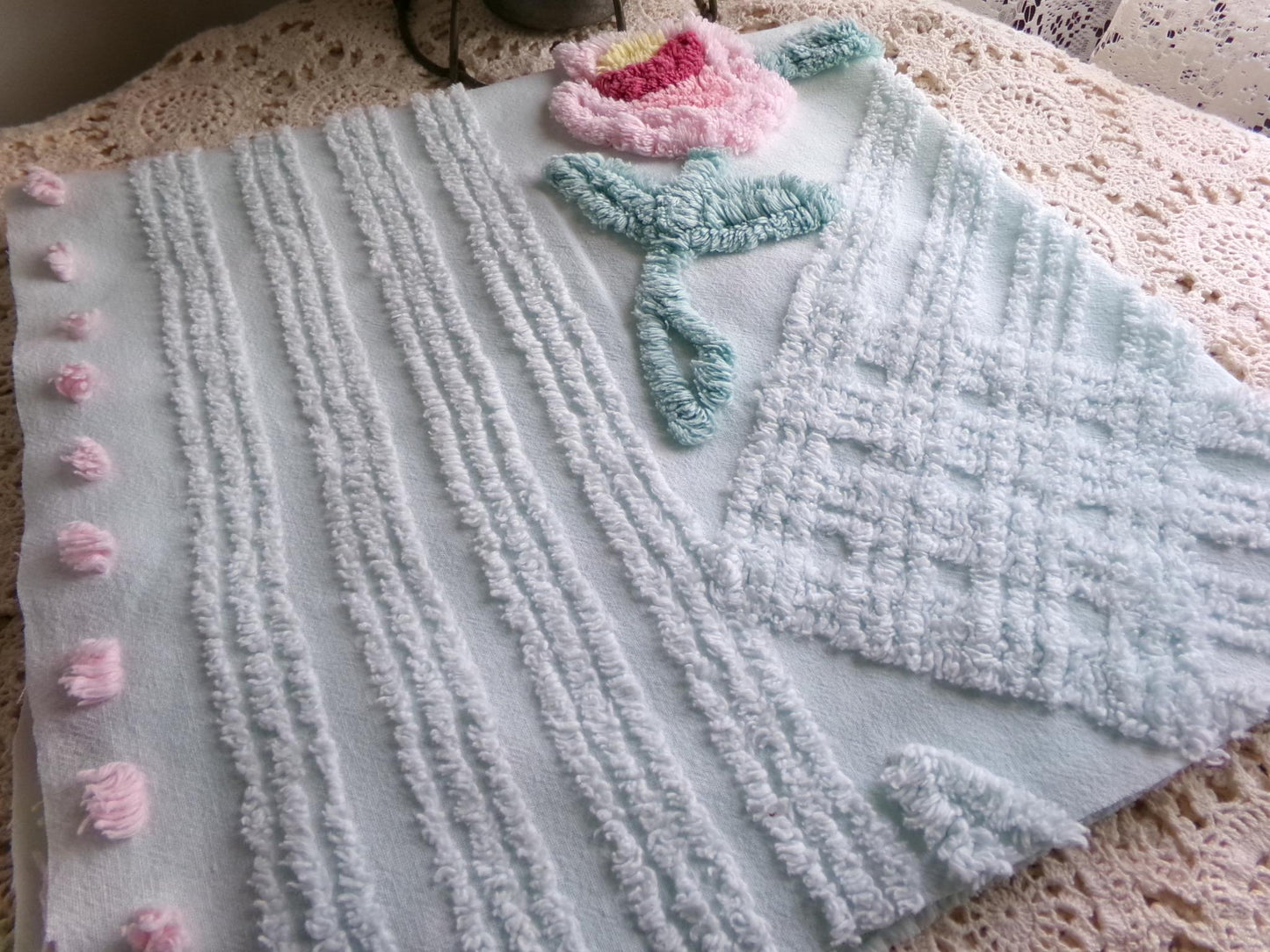 Rose Aqua Mist Vintage Chenille Fabric, 25" x 24" Piece, 100% Lightweight Cotton, Lovely Simple Floral Geometric Design