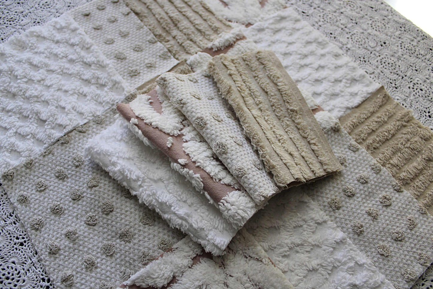 Chenille Fabric Squares, Neutral Sand, Tan & White Craft Square Set from Vintage Bedspread Fabric, 16 Blocks, 6" x 6" inch